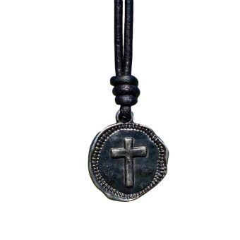 Cross Leather Necklace Mens - Men Cross Coin, Religious Pendant, Medallion Necklaces, Christmas Gift, Catholic Pendant, Christian Charms, Women Gifts to Husband Cute Crosses Best Friend (Gunmetal)