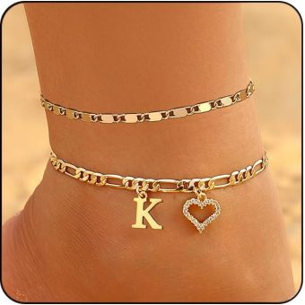 Initial Ankle Bracelets for Women Waterproof 14K Gold Plated Dainty Layered Figaro Chain Letter Initial CZ Heart Ankle Bracelets Set Summer Beach Jewelry for Women