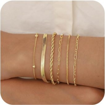 Tasiso Gold Bracelets for Women 14K Gold Jewelry for Women Cute Heart Beaded Bracelets for Women Lip Cuban Link Paperclip Chain Anklet Dainty Bracelet Pack Gifts for Women Girls