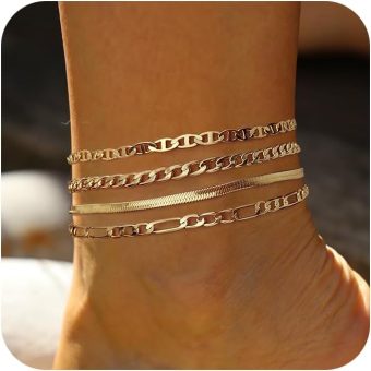 Tasiso Ankle Bracelets for Women，Gold Layered Waterproof Anklet for Women 14K Gold Filled Anklets Set Layered Cuban Link Herringbone Anklets Summer Beach Jewelry for Women