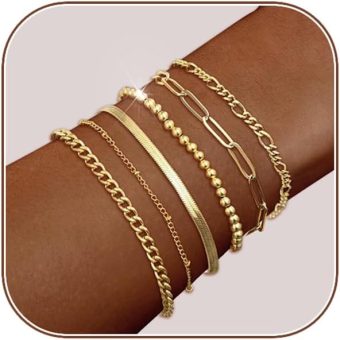 Luxval Gold Bracelets for Women 18K Gold Plated Stack Bracelet Jewelry Beaded/Paperclip/Satellite/Figaro/Snake/Cuban Link chain Bracelets Fashion Jewelry Accessories Gifts for Women Girls