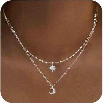 Boho Layered Crystal Star Moon Choker Necklace Chain Silver Crescent Moon Octagram Star Pendant Necklace Star Choker Stacked Necklace Jewelry for Women and Girls(Style A)