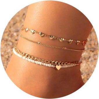 Fesciory Women Heart Anklet Adjustable Beach Layered Ankle Bracelets for Women Gold Alloy Foot Chain Jewelry