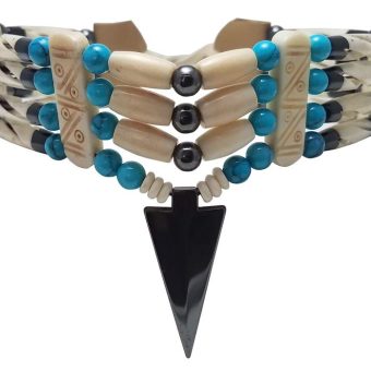 4 Row Buffalo Bone Hairpipe Beads Traditional Tribal Choker Necklace with Arrowhead Pendant