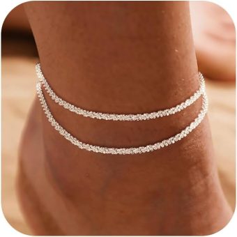 DEARMAY Dainty Layered Silver Ankle Bracelets for Women Waterproof, S925 Sterling Silver Plated Anklets for Women Jewelry Cute Chain Link Anklets Set Pack Summer Beach Gift Teen