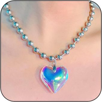 Puffy Large Heart Pendant Statement Necklace, Simple Clear Round Beaded Heart Choker Y2k Aesthetic Necklace Colorful Love Neck Jewelry for Women