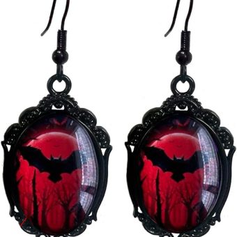 Gothic Bat Cameo Earrings,Vintage Crystal Glass Bat Dangle Earrings Punk Style Dark Oval Earrings Goth Victorian Earrings Festival Jewelry for Women