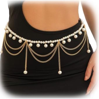 Summer Beach Pearl Body Chain Jewelry,Metal Beaded Waist Chain Belt Pearl Tassel Hip Belly Body Chain Festival Rave Dress Pearl Waist Belt for Women