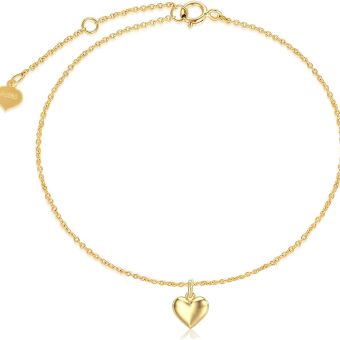 Real 14k Gold Puff Heart Anklet for Women, Love Ankle Bracelet Foot Jewelry Gifts for Her, 9+1+1 Inch