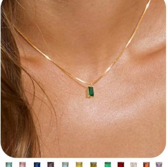 FUNEIA Diamond Necklaces for Women 14K Gold Plated Emerald Birthstone Necklace for Women Mothers Dainty Gold Necklace Blue Green Cubic Zirconia Pendant Necklace Birthday Gifts for Women Jewelry