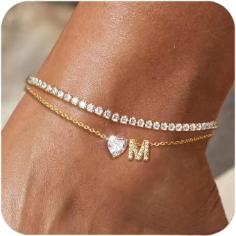 Gold Initial Ankle Bracelets for Women Waterproof 14K Gold Filled Layered Anklets for Women Non Tarnish Women's Anklets Adjustable Letter Anklets for Women Large Ankle Summer Beach Foot Jewelry