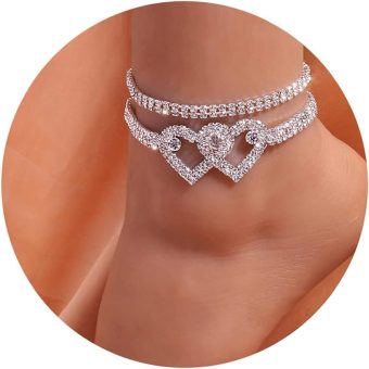 Fesciory Heart Rhinestone Ankle Bracelets for Women, Adjustable Silver Shiny Tennis Anklets, Twinkle Cubic Zircon Diamond Anklet Foot Chain Jewelry Gifts