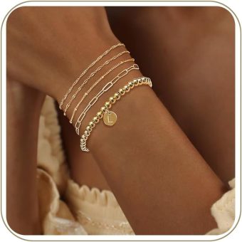 Gold Bracelets for Women,16K Real Gold Plated Trendy Paperclip Bead Chain Bracelets Set for Women Letter Charm Adjustable Dainty Gold Stackable Bracelets