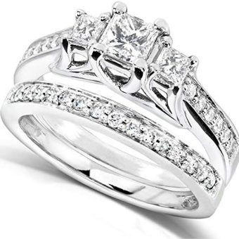 Kobelli Three-Stone Diamond Engagement Ring and Wedding Band Set 4/5 carat (ctw) in 14k White Gold