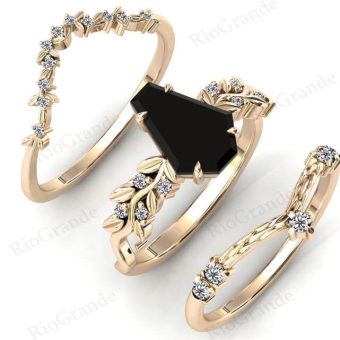 Generic Vine Leaf Vintage 1 CT Coffin Shaped Black Onyx Engagement Ring Set Yellow Rose White Gold Art Deco Black Onyx Wedding Ring Set Bridal Anniversary Ring Set Antique Unique Promise Rings Sets