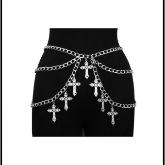 Bohemian Waist Chain Belt with Cross - Punk Gothic Crossover Body Belly Chains Tassel for Women Girl (Silver)