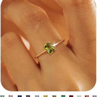 KAERUN Gold Birthstone Rings for Women Non Tarnish Dainty 14K Gold Plated Stackable Rings CZ Emerald Baguette Gemstone Rings for Mother Daughter Birthday Handmade Jewelry Gifts Size 6 7 8 9 10