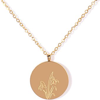 FANCY SHINY Birth Month Flower Necklace Dainty Gold Coin Necklace Engraved Stainless Steel Pendant Necklace for Women Gift for Her