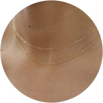 Tewiky Gold Chain Necklace for Women, 14k Gold Plated Thin Beaded Wave Box Chain Necklace Dainty Gold Necklace Simple Layered Gold Choker Necklaces Minimalist Gold Link Chain Necklace Trendy Jewelry for Women