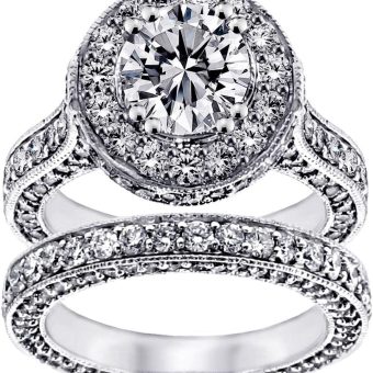 5.20 CT TW GIA Certified Round Diamond Halo Engagement Bridal Set in 14k White Gold