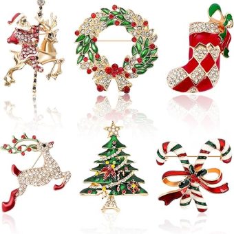 6 Pieces Merry Christmas Pins Brooch Rhinestone Crystal Christmas Pin Enamel Christmas Trees Santa Claus Socks Bells Elk Lollipop Brooch Christmas...