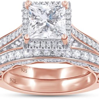 2 CT Princess Cut Lab Created Moissanite Halo Engagement Wedding Ring Set For Women In 14K Gold Plated Sterling Silver (VVS1 Clarity, 2Cttw)