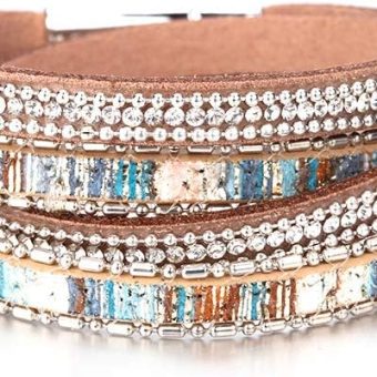 Fesciory Leather Wrap Bracelets for Women, Boho Leopard Multi-Layer Crystal Beads Cuff Bracelet Jewelry