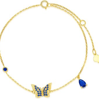 SISGEM 14k Gold Blue Butterfly Anklet for Women, Real 14 Carat Gold Jewelry Ankle Bracelet Gifts for Animal Lover, 9.4"-11"