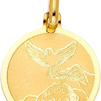 Holy Baptism Pendant 14k Yellow Gold Spirit Dove Coin Charm Christian Style Solid Genuine 15 x 15 mm