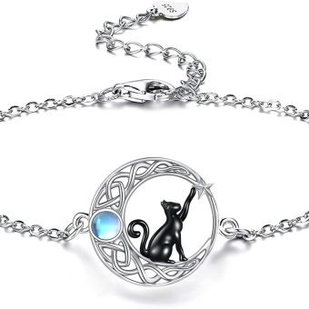 Moonstone Moon Cat Anklet for Women 925 Sterling Silver Black Cat Jewelry for Cat Lover