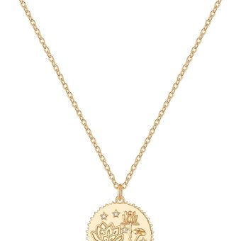 MJartoria Birth Flower Necklace, 14K Gold Plated Gold Necklace for Women, July Lotus Necklace, Dainty Coin Necklace with CZ Cute Handmade Engraved Floral Pendant Necklace Birthday Gifts