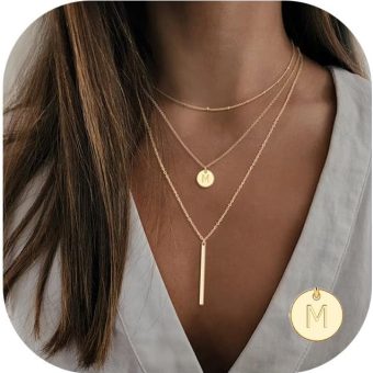 Gold Initial Layered Necklaces for Women, 14K Gold Plated Coin Letter Necklace Bar Stacking Necklace Layer Necklace Multi Bar Layering Y-Necklaces Jewelry for Women