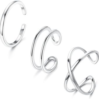 PATISORNA 3Pcs 925 Sterling Silver Open Adjustable Rings for Women Men Stackable Cross Arrow Heart Moon&Star Paperclip Rings Hypoallergenic Thumb Knuckle Simple Ring Set Size 6-9