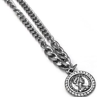 NC Two-sided Coin Pendant Necklace Titanium Steel Silver Vintage Textured Medallion Necklace Round Circle Disc Necklace