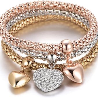 SILANER Crystal Charms Multilayer Bracelets - 3PCS Gold/Silver/Rose Gold Corn Chain Bracelet for Women, Tree of Life Heart Shaped Stretch Bracelet