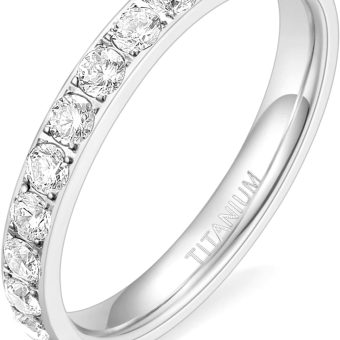 TIGRADE 3mm Women Titanium Engagement Ring Half Cubic Zirconia Eternity Wedding Band Size 3-13