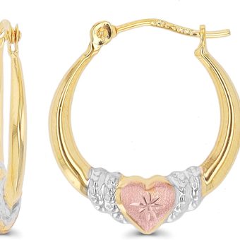 14K Gold Solid Hypoallergenic Heart Hoop Earrings - Tricolor Gold, Two Tone, Heart Shaped, Triple Heart, Shrimp Hoops