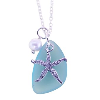 Handmade in Hawaii, turquoise bay blue sea glass necklace,starfish charm,Natural pearl,"December Birthstone", (Hawaii Gift Wrapped, Customizable Gift Message)