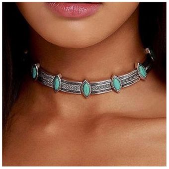 Boho Turquoise Choker Necklace Vintage Turquoise Necklace Chunky Silver Chain Necklace Thick Collarbone Necklace Gypsy Necklace Chain Jewelry for Women and Girls Tribal Necklace