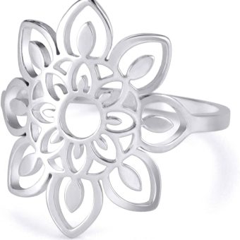 TEAMER Lotus Ring Stainless Steel Hollow Lotus Ring Geometric Ring Simple Jewelry for Women