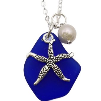 YInahawaii Handmade cobalt sea glass necklace, starfish charm, Natural pearl, "September Birthstone ",(Hawaii Gift Wrapped, Customizable Gift Message) (Non-Personalized)