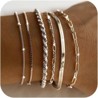 DEARMAY Dainty Silver Bracelets for Women Trendy, 925 Sterling Silver Jewelry Set for Women Bracelets for Women Paperclip Box Herringbone Figaro Rope Chain Bracelet Fashion Pack Gifts for Women