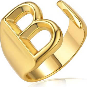 KeyStyle Bold Initial Letter Rings Adjustable, GoldChic Jewelry Women Gold Statement Ring Personalized Engraved Women’s Open Signet Ring for Party (Gold, White Gold, Black)