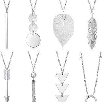 Long Necklaces for Women - Fashion Pendant Necklace Jewelry, Silver Bar Feather Circle Leaf Lock Tassel Y Necklace Jewelry Set for Girls