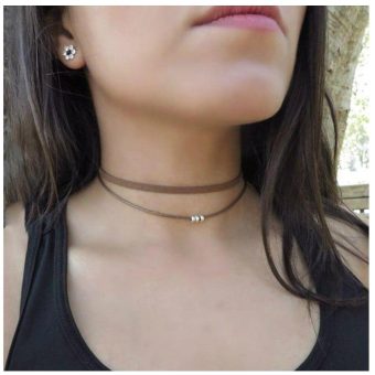 Boho Layered Suede Necklace Brown Velvet Choker Necklace Gothic Leather Necklace Silver Beaded Chain Necklace Retro Necklace Jewelry for Women and Girls Gifts (Brown)