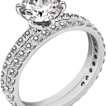 Amazon Essentials Platinum or Gold Plated Sterling Silver Wedding Set Rings set with Round Cut Infinite Elements Cubic Zirconia (previously Amazon Collection)