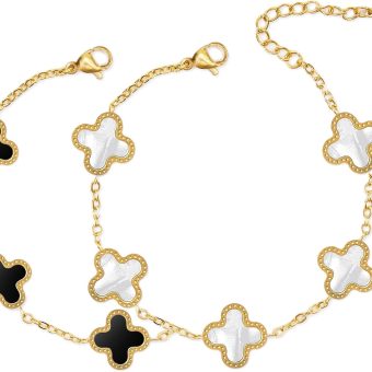 Unique Four Leaf Clover Bracelet for Women White Black Lucky Link Clover Bracelets, Trendy Bracelets Set Jewelry Gifts for Women