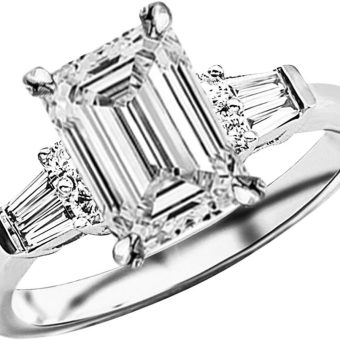 14K White Gold 1.5 Carat LAB GROWN DIAMOND Prong Set Round And Baguette Asscher/Cushion/Heart/Marquise/Oval/Pear/Radiant/Emerald Cut Diamond Engagement Ring (D-E Color VS1-VS2 Clarity 1 Ct Center)