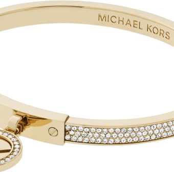 Michael Kors Stainless Steel and Pavé Crystal MK Logo Bangle Bracelet for Women, Color: Gold (Model: MKJ5976710)