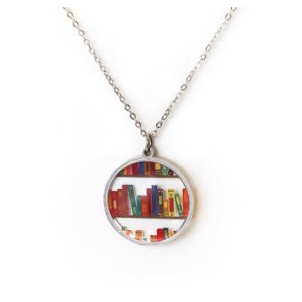 Bookcase Necklace with Book Shelves Patterned Acrylic Bezel Pendant